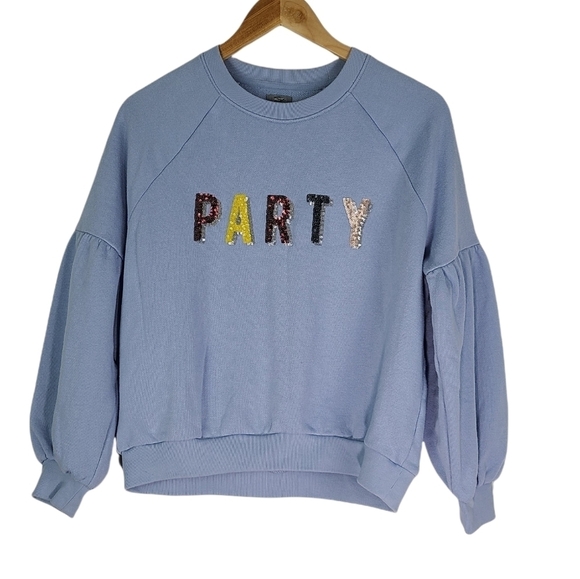 Aerie‎ “PARTY” Sweatshirt Light Blue Bubble Sleeve - Picture 1 of 3